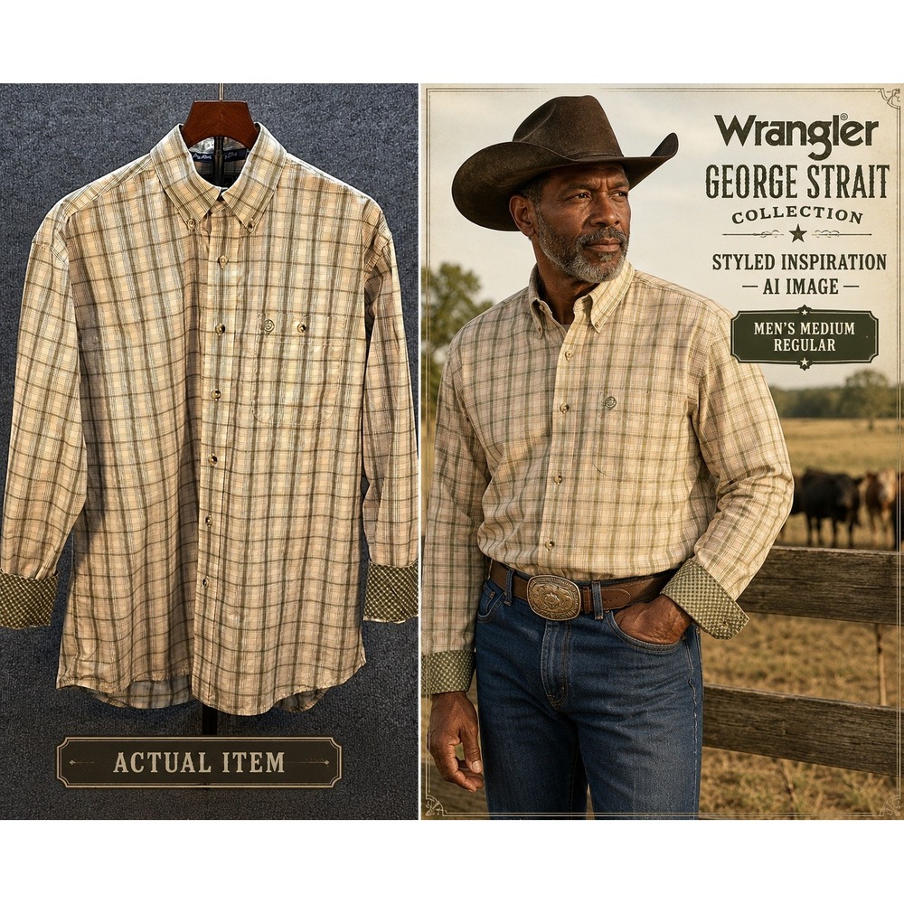 Wrangler George Strait Shirt Men Plaid Button Down Tan Green M Excellent Western